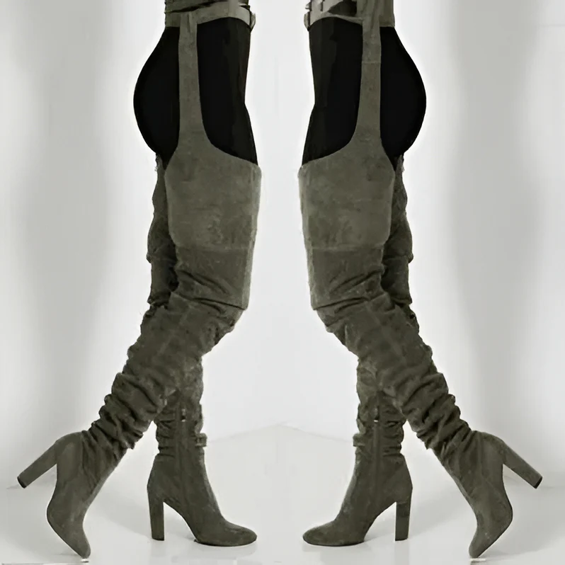 Women Faux Suede Thigh High Waist Belt Chunky High Heel Slouch Boots | Over The Knee Waist Belted Boots